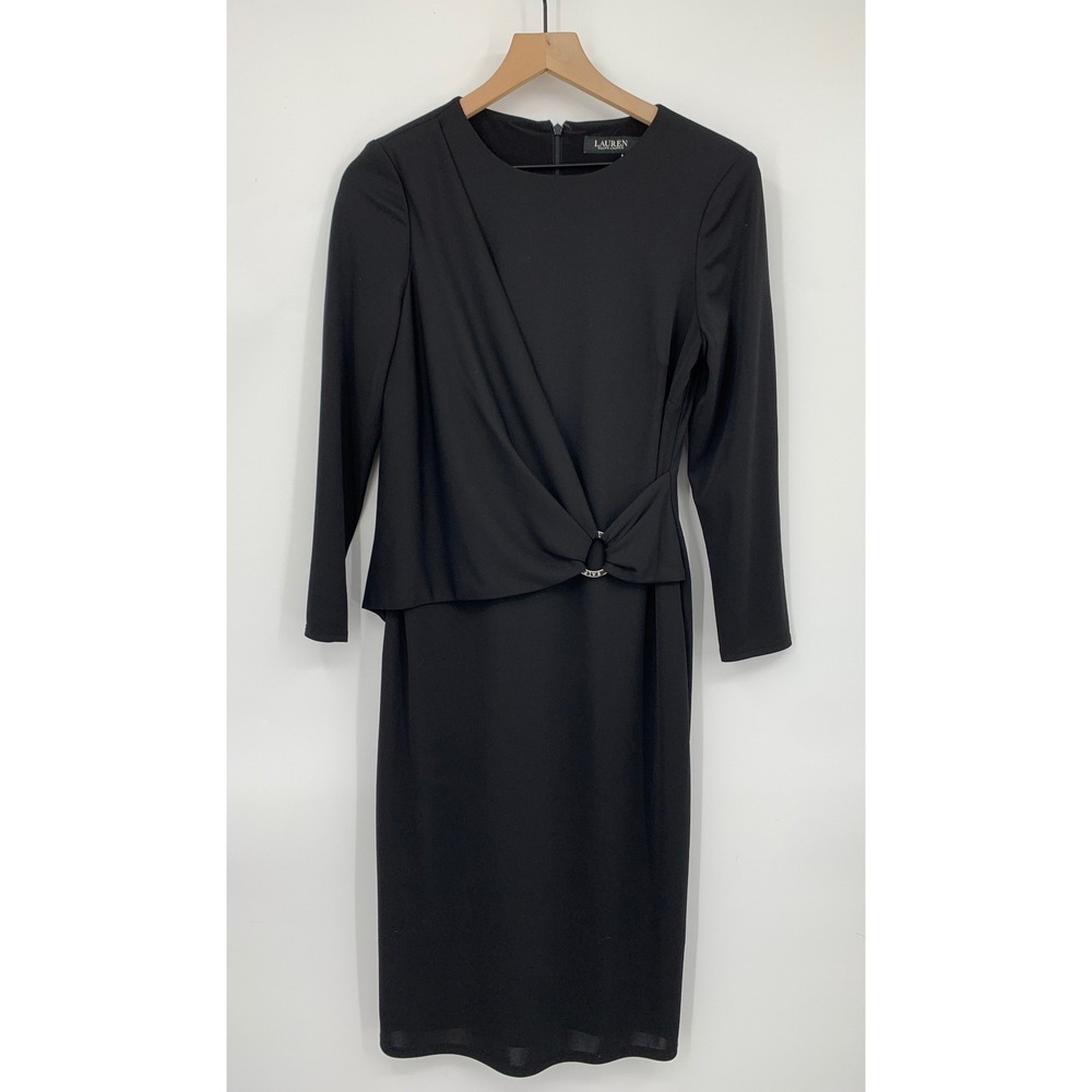 Ralph Lauren Dress Womens 8 Black Drape Front Stretch Midi Wedding Event Evening